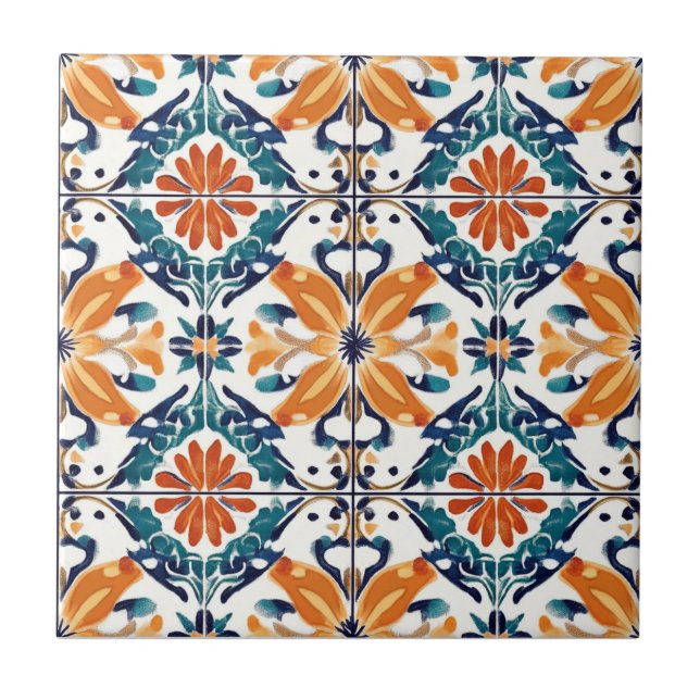 Blue Orange and Yellow Pattern Ceramic Tile (Front)