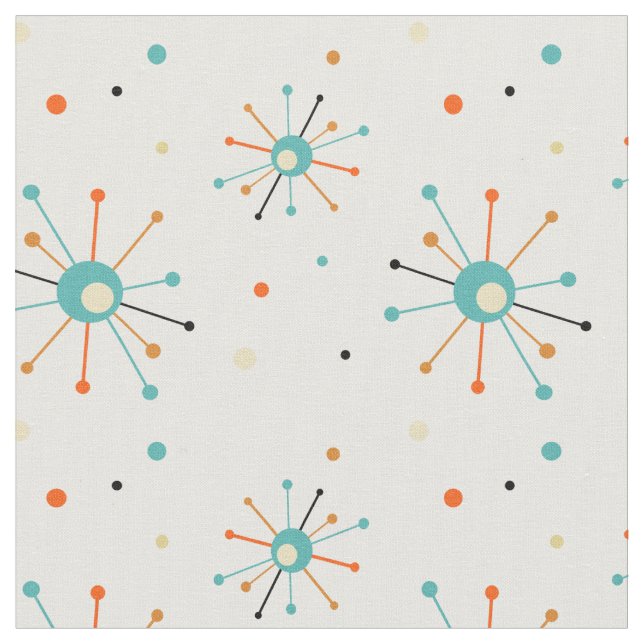 Blue Orange Atomic Starbursts Mid Century Pattern Fabric (Close Up)