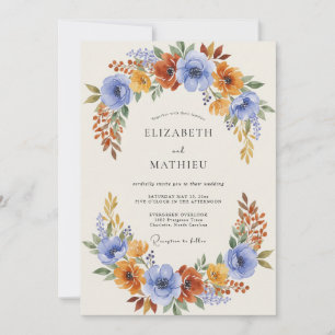 Blue Orange Autumn Flourish Wedding Invitation