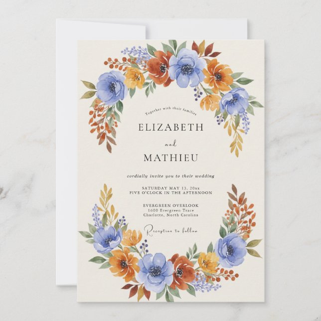 Blue Orange Autumn Flourish Wedding Invitation (Front)