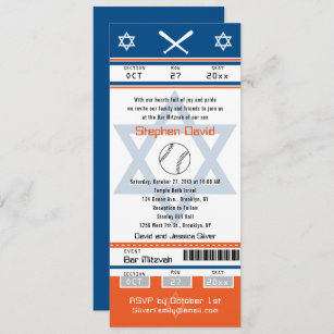 Blue Orange Bar Mitzvah Baseball Ticket Invitation