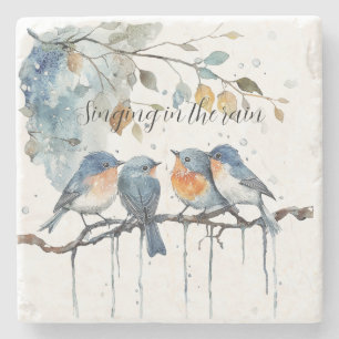 Blue Orange Birds Singing in the Rain Stone Coaster