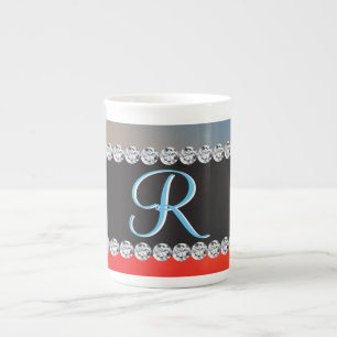 Blue Orange Black Diamond 3d Monogram Initial Bone China Mug