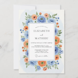 Blue Orange Blossom Romance Wedding Invitation