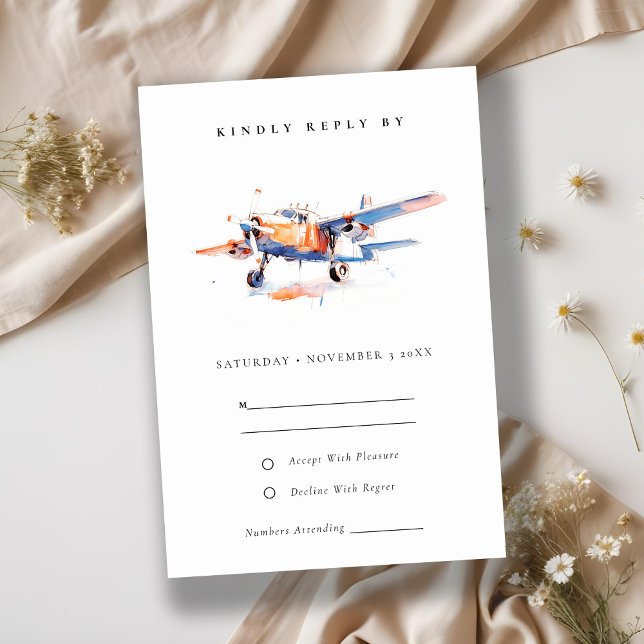 Blue Orange Blush Watercolor Aeroplane Wedding RSVP Card (Creator Uploaded)