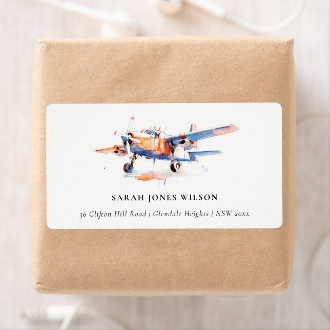 Blue Orange Blush Watercolor Air Plane Address (Insitu)