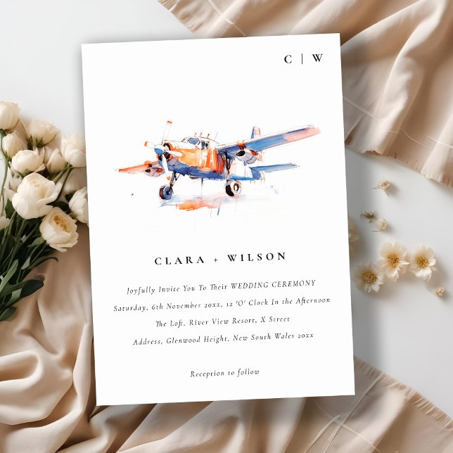 Blue Orange Blush Watercolor Air Plane Wedding Invitation (Creator Uploaded)