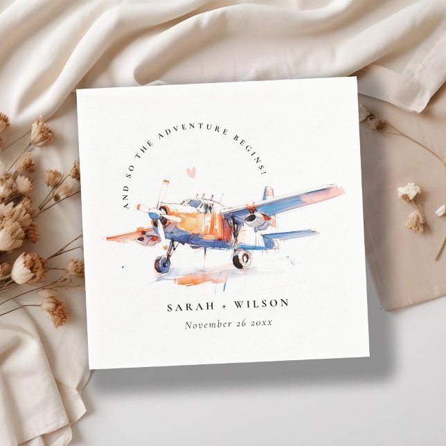 Blue Orange Blush Watercolor Air Plane Wedding Napkin (Creator Uploaded)