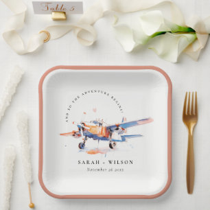 Blue Orange Blush Watercolor Air Plane Wedding Paper Plate
