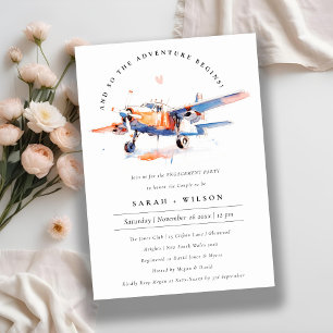 Blue Orange Blush Watercolor Airplane Engagement Invitation