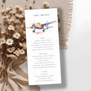Blue Orange Blush Watercolor Airplane Wedding Menu Invitation