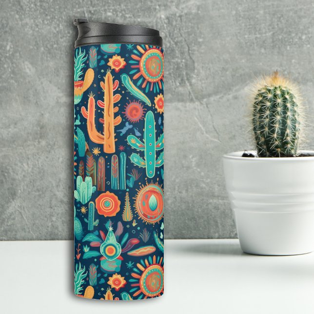Blue Orange Boho Cactus Western Pattern Thermal Tumbler (Creator Uploaded)