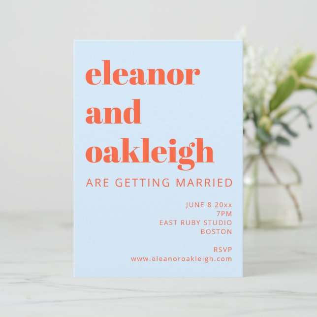 Blue Orange Bold Typography Minimalist Wedding Invitation (Standing Front)