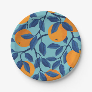 Blue Orange Branch Pattern Paper Plate