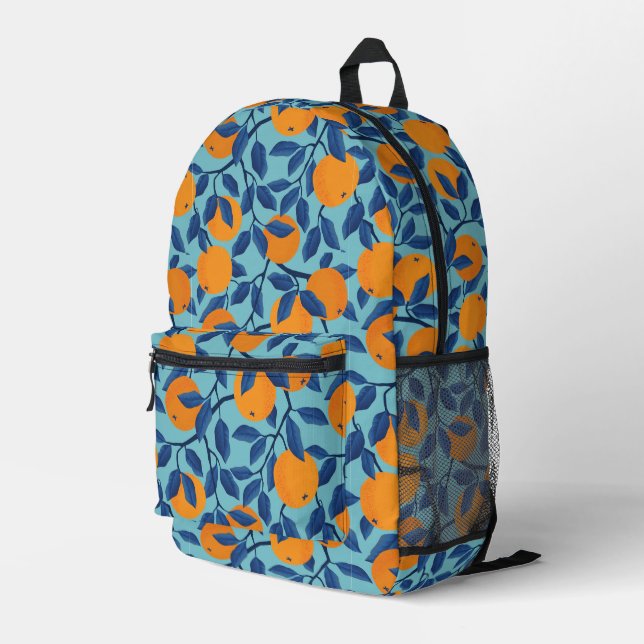 Blue Orange Branch Pattern Printed Backpack (Back Corner Right)