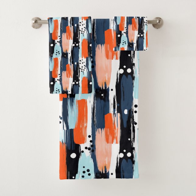 Blue Orange Brushstrokes Abstract Pattern Bath Towel Set (Insitu)