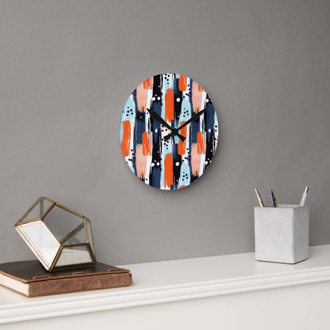 Blue Orange Brushstrokes Abstract Pattern Round Clock (Office)