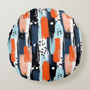 Blue Orange Brushstrokes Abstract Pattern Round Cushion