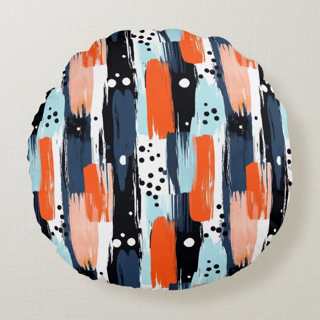 Blue Orange Brushstrokes Abstract Pattern Round Cushion (Front)