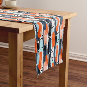 Blue Orange Brushstrokes Abstract Pattern Short Table Runner