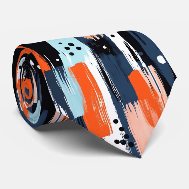 Blue Orange Brushstrokes Abstract Pattern Tie (Rolled)