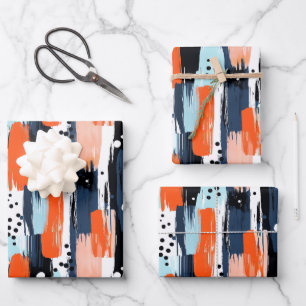 Blue Orange Brushstrokes Abstract Pattern Wrapping Paper Sheet