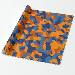 Blue Orange Camouflage Print Pattern Wrapping Paper