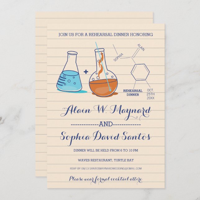 Blue & Orange Chemistry Rehearsal Dinner Invites (Front/Back)