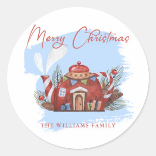 Blue Orange Christmas Watercolor Teapot House Classic Round Sticker