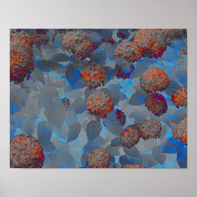 Blue orange colour flower pattern digital art poster (Front)