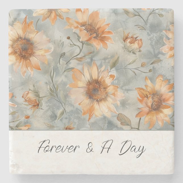 Blue Orange Cream Flowers Forever Stone Coaster (Front)