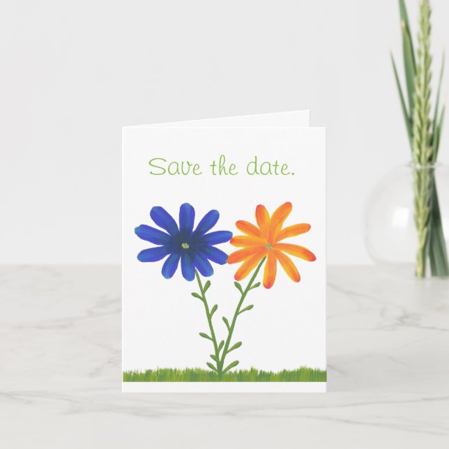 Blue Orange Daisy Flowers Save the Date Note Cards (Front)