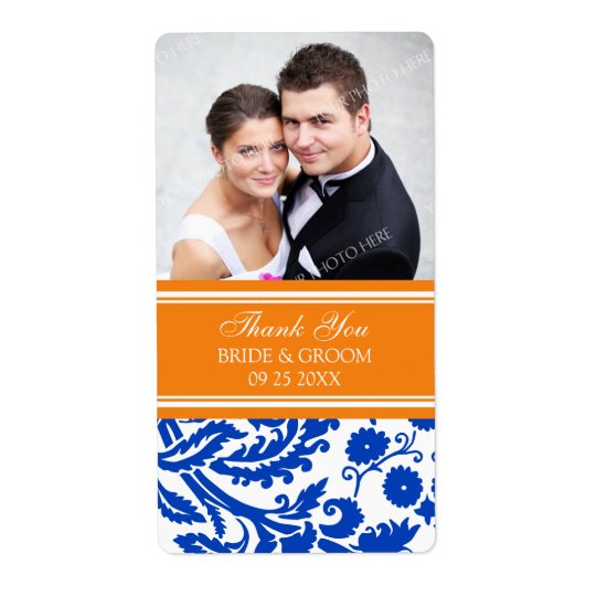 Blue Orange Damask Photo Wedding Labels