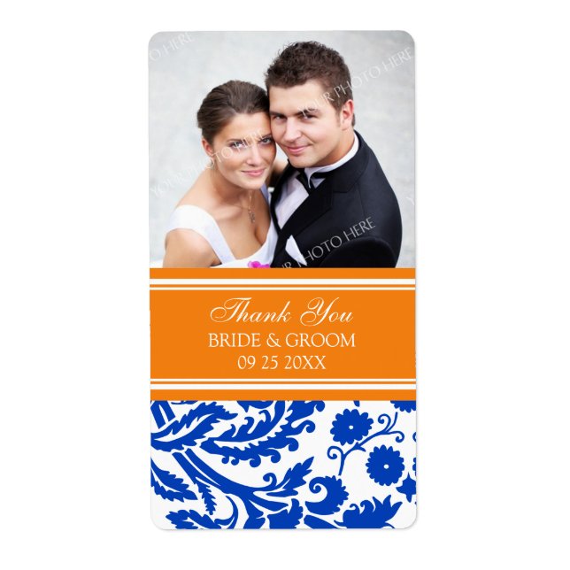 Blue Orange Damask Photo Wedding Labels (Front)