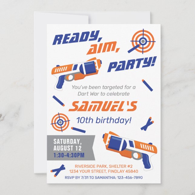 Blue, Orange Dart War Birthday Party, Any Age Invitation (Front)