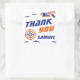 Blue, Orange Dart War Birthday Party Thank You Square Sticker