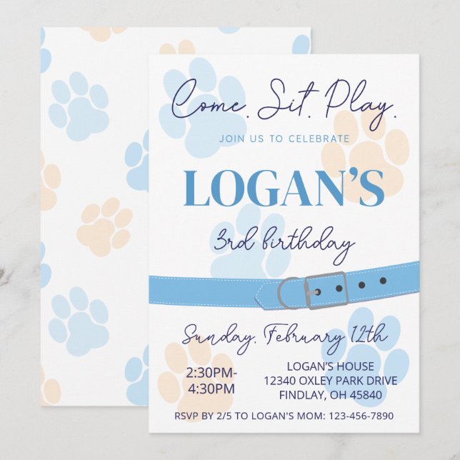 Blue Orange Dog Paw Print Birthday Party Any Age Invitation (Front/Back)