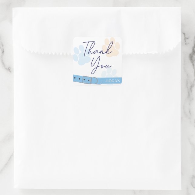 Blue Orange Dog Paw Print Birthday Thank You Square Sticker (Bag)