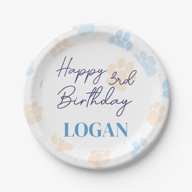 Blue Orange Dog Paw Print Happy Birthday Any Age Paper Plate (Front)