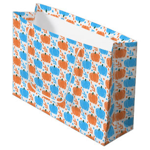 Blue Orange Fall Pumpkin Leaves Pattern Large Gift Bag