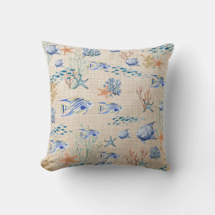 Blue Orange Fish Starfish Coral Reef Coastal Beach Cushion