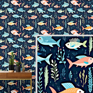 Blue & Orange Fish Swimming on Dark Blue  Wallpaper