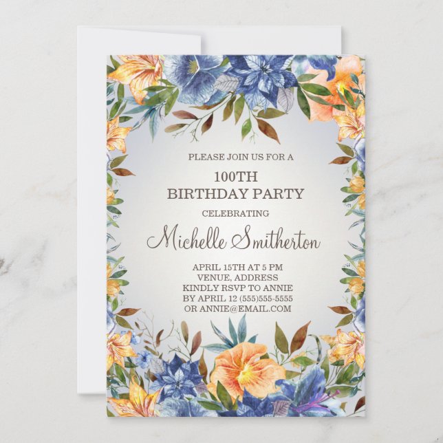 Blue Orange Floral 100th Birthday  Invitation (Front)