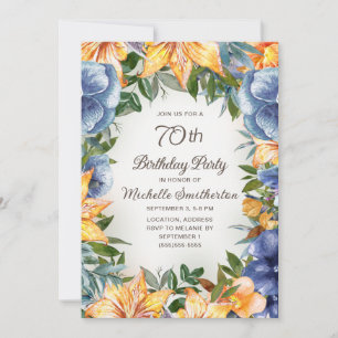 Blue Orange Floral 70th Birthday Invitation