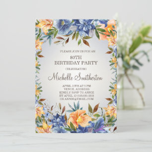 Blue Orange Floral 80th Birthday  Invitation