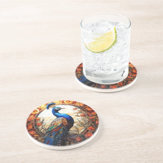 Blue Orange Floral Autumn Peacock Stained Glass Coaster (Side)