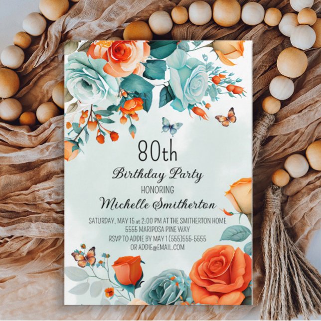 Blue Orange Floral Butterflies 80th Birthday Invitation (Creator Uploaded)
