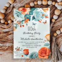 Blue Orange Floral Butterflies 90th Birthday