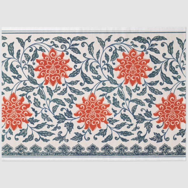 Blue & Orange floral decoupage tissue Paper (Front)