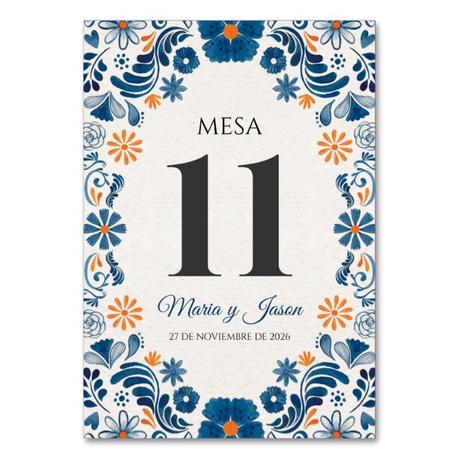Blue Orange Floral Elegant Fiesta Spanish Wedding Table Number (Front)